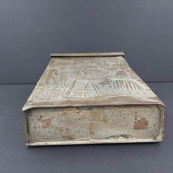 Brass Mailbox Repousse Embossed Homestead Pilgrims Preparing Food England Made - Picture 13 of 14